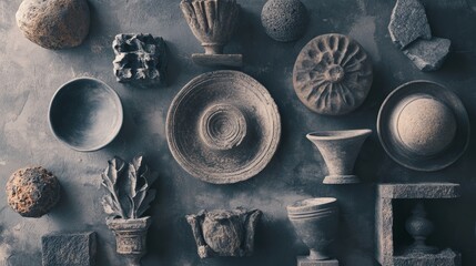 Textured pottery and ancient artifacts in monochrome layout
