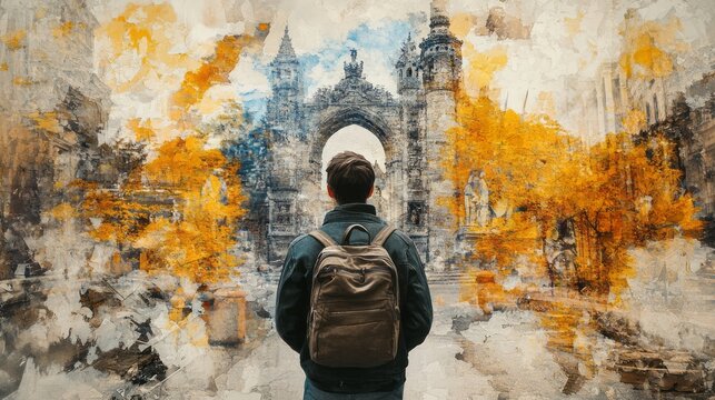 Person with backpack looking at architectural archway in artwork