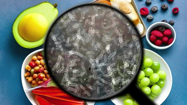 Magnified View of Bacteria on Fresh Fruits and Vegetables Highlighting Food Safety Concerns
