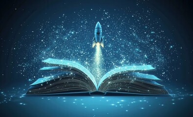 Obraz premium Rocket Emerging From a Magical Book Illuminated With Starlight