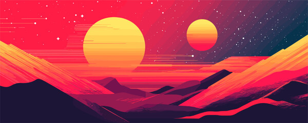 Vibrant sci-fi landscape with two suns, mountains, and stars - vector