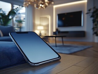 A modern smartphone lies on a table within a living room