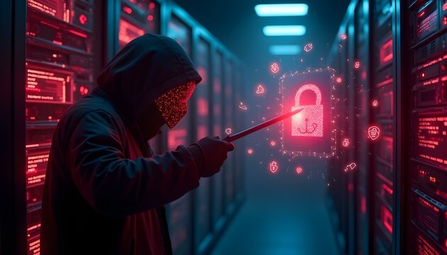 Shadowy hacker in a neon server room, manipulating glowing binary code and broken firewalls. Cybercrime concept with digital threat alerts in dark cyberpunk ambiance