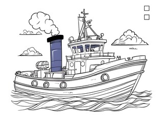 Obraz premium Coloring Page Tugboat Ocean