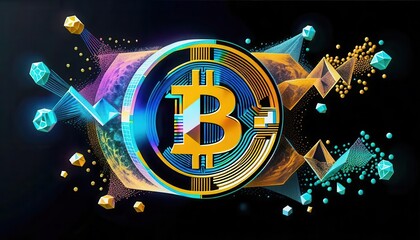 Cryptocurrency NFT  trend concept.A vibrant digital illustration of a Bitcoin symbol surrounded by geometric shapes and colorful elements representing cryptocurrency and technology.