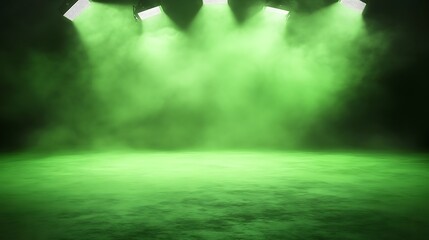 Green stage with bright spotlights and thick atmospheric fog
