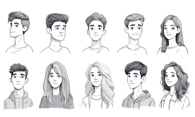 Diverse group of cartoon characters: ten expressive faces in black and white vector