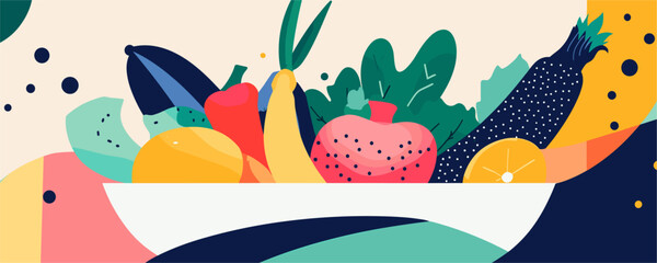 Colorful fruit and vegetable bowl with abstract shapes, modern art style vector