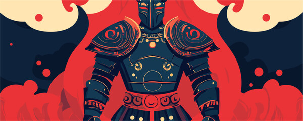 Medieval armored knight in fiery environment with abstract background - vector