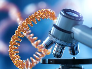 Scientific illustration displays a microscope with a genetic molecule