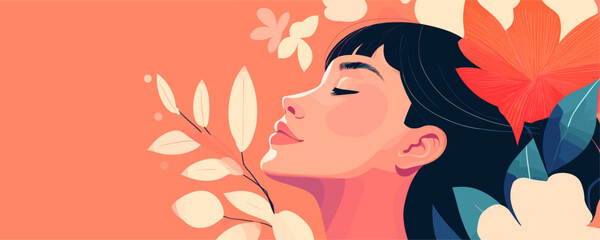 Elegant woman with floral elements and leaves, modern art design - vector