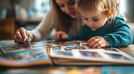 Fototapeta premium Mother and child looking at photos in an album, reliving memories, and creating new ones. A family moment of love and connection.