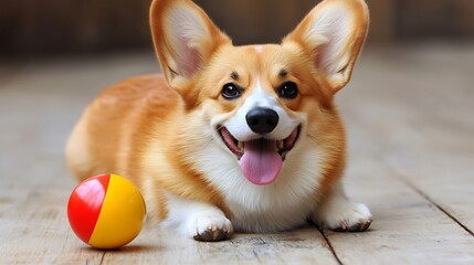 An adorable smiling dog laying down beside a colorful toy ball