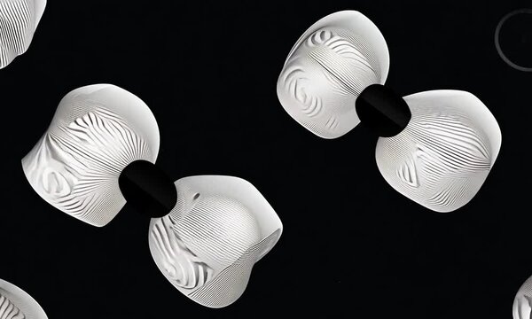 Abstract rotating bobbin silhouettes on a black background, seamless loop. Design. Animated digital technological pattern.