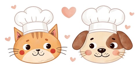 Cute cartoon face of a cat and a dog in a chef's hat. On a white background with pink hearts.