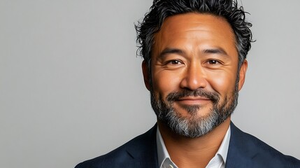 A smiling man with dark hair and a well groomed beard