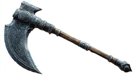 Intricately designed battle axe resting on a clean surface, showcasing craftsmanship and historical significance in weaponry Generative AI
