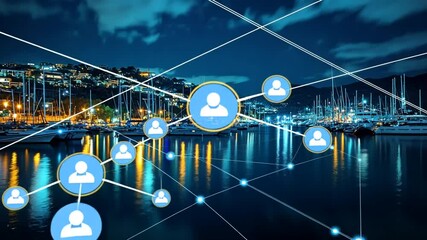 Nighttime harbor scene with illuminated boats and a digital network overlay connecting people - Powered by Adobe