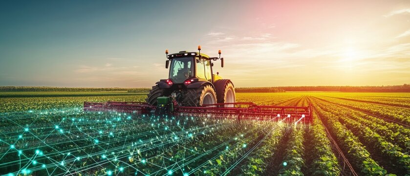 Engineers designing AI powered autonomous farming tractors, high-tech agricultural field with real-time crop data and AI-driven farming machinery, High-tech style