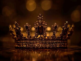 An ornate golden crown rests reflecting on a surface