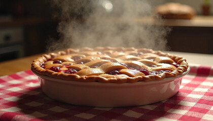 Freshly Baked Pie Emitting Steam on a Checkered Tablecloth, Homemade cherry pie, Cherry picking  