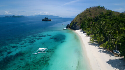 A clear turquoise ocean with white sandy beaches, palm trees, and a tropical island in the distance

