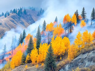 Burning forest with vibrant trees and smoky atmospheric conditions