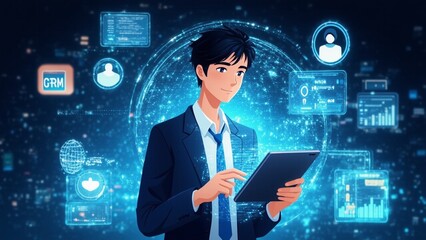 Business professional interacts tablet showing global network analytics dark tech background