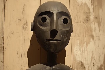 A dark wooden statue of a human face in a frontal pose