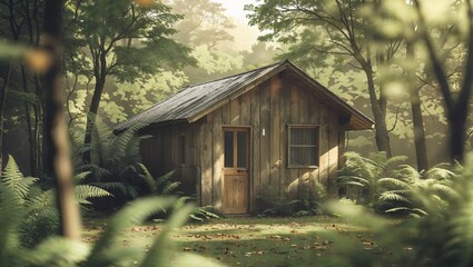A charming wooden cabin nestled peacefully among lush green surroundings.