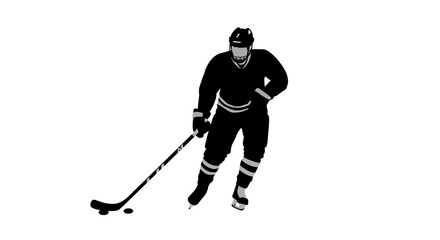 A hockey player, poised and ready, skates towards the net, a powerful silhouette against a stark white background.