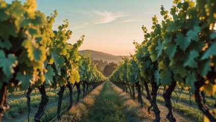 Fototapeta premium A beautiful landscape shows rows of grape vines at sunset