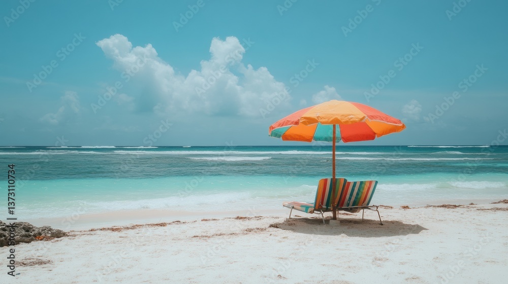 Poster relaxing under a bright umbrella on a colorful sun lounger at a tropical beach with gentle ocean wav