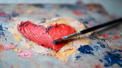 Obraz premium Heart-shaped painting created with brush and vibrant colors on palette in studio with natural light