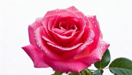 Fototapeta premium Single pink rose with water droplets on petals against pure white background