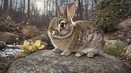 Fototapeta premium A fluffy rabbit sitting on a rock in a forest scene