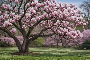 Fototapeta premium Elegant Magnolia Tree in Bloom: A Picturesque Spring Scene with Graceful Blossoms