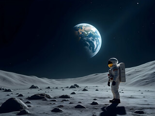 Obraz premium Astronaut standing on lunar surface gazing at earth, a powerful image symbolizing exploration, discovery, and humanity's connection to our home planet