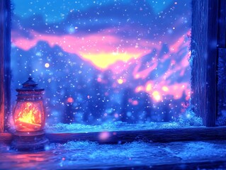 A glowing lantern illuminates a snowy winter sunset scene