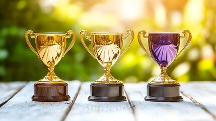Three golden trophies on a weathered wooden table outdoors