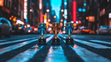 Three ornate trophies are displayed on a city street crosswalk