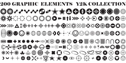 Retro futuristic elements for design. Big collection of abstract graphic geometric symbols and objects in y2k style. Templates for notes, posters, banners, stickers, business cards, logo.