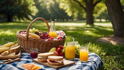 A vibrant summer picnic in a park featuring a picnic blanket, wicker basket, fresh fruits, sandwiches, and refreshing drinks. Highlighted by natural lighting, lush greenery, and a joyful atmosphere.