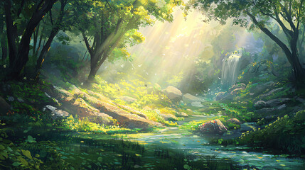Radiant sunlight streaming through tall trees in a lush forest creating a timeless peaceful valley filled with natural beauty.