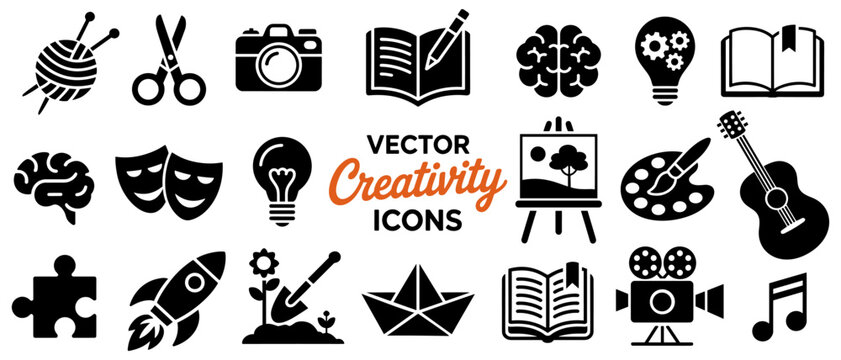 Creative activities and hobbies, vector flat glyph icons set, representing art, music, writing, learning, crafts