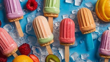 A vibrant arrangement of colorful ice creams and popsicles on a bright background with melting ice and fresh fruits. Close-up shots highlight textures, refreshing details, and playful summer vibes.