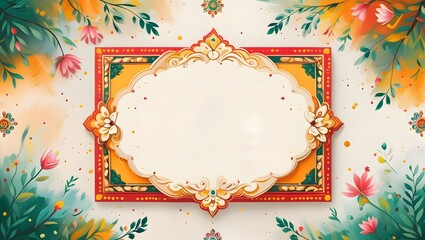 A festive and vibrant background showcasing traditional cultural floor art in warm tones, excluding red. Featuring soft creamy white base, ornate details, greenery, florals, and hints of joy.