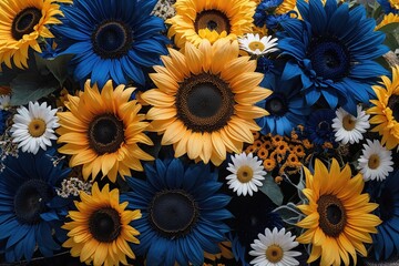Vibrant Deep Blue and Golden Sunflowers with Daisies in a Celebratory Floral Composition