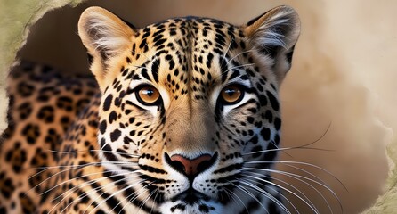 A breathtaking close-up of a leopard, highlighting its golden eyes, intricate rosette-patterned fur, and long whiskers. Warm lighting enhances its beauty against a soft, earthy-toned background