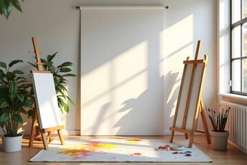 Bright artist studio with easels and blank canvas provides a creative mockup space for painters, perfect for showcasing artistic talents and design presentations